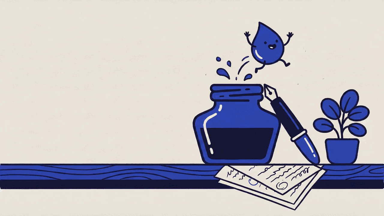 Ilustración de un tintero con una gota de tinta saltarina, una pluma y un manuscrito