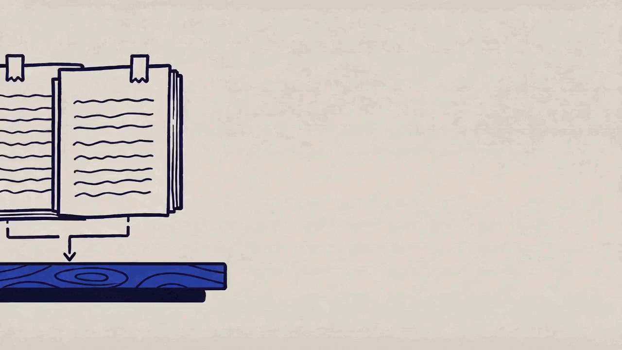 Ilustración de pilas de folios y dos páginas gemelas comparadas